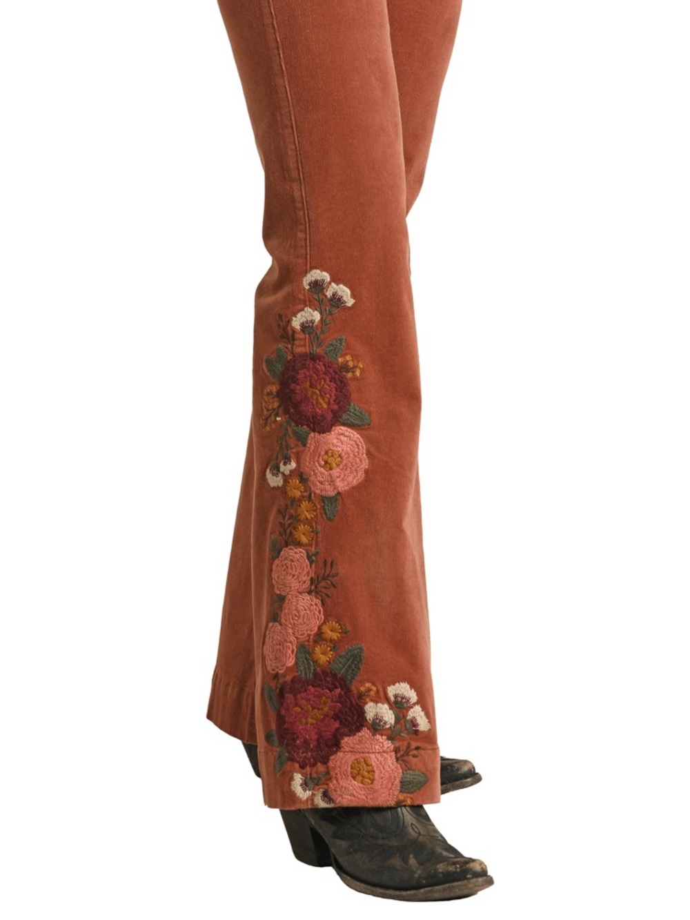 Rust Corduroy Boot-Cut Pants with Floral Embroidery - Picture 2 of 12